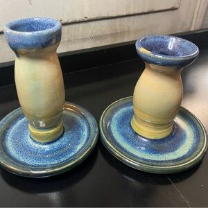 Handmade Blue and Cream Ceramic Candle Holders - Set of 2